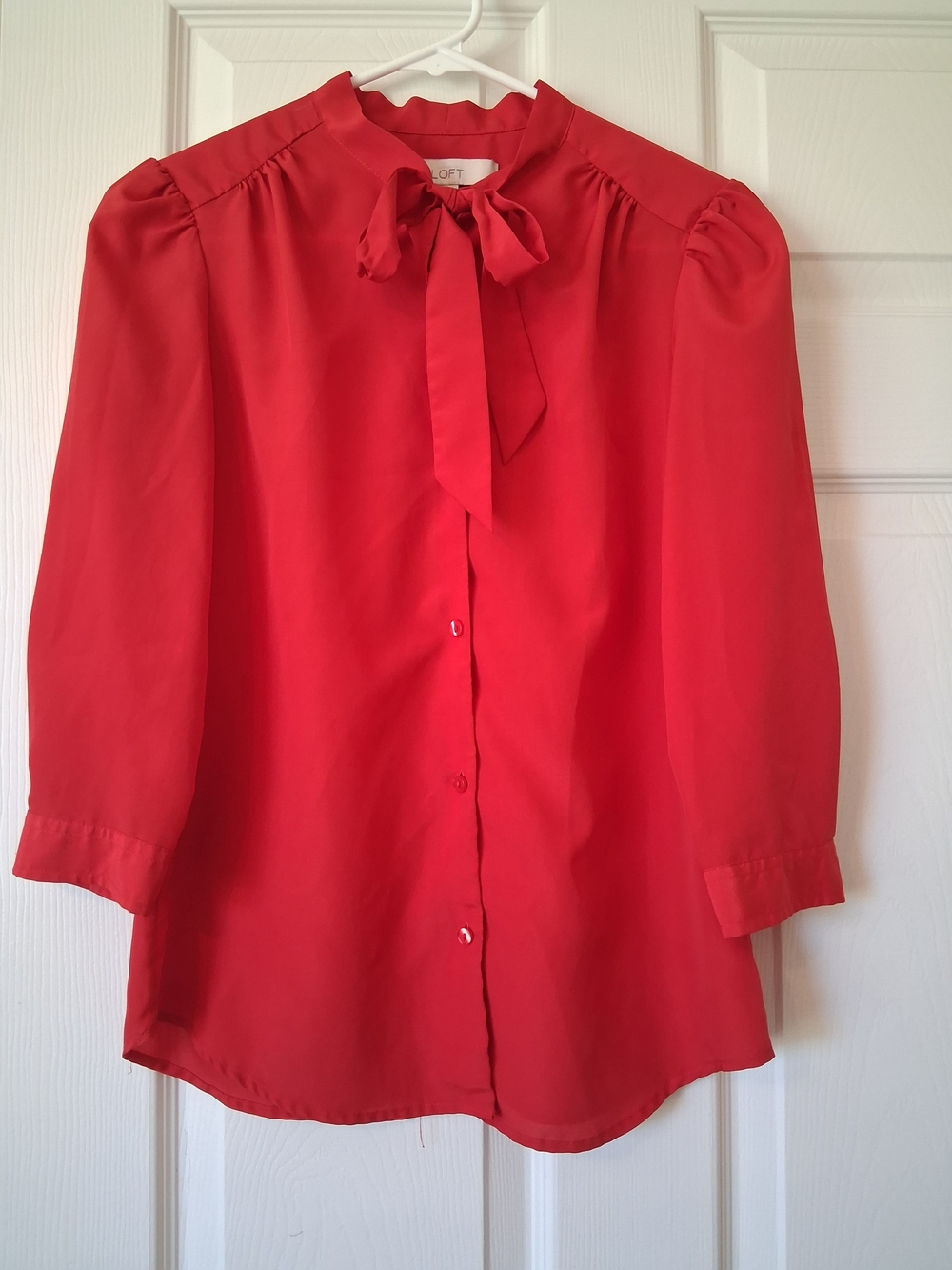 LOFT Bright Red Bow-Tie Button Front Blouse